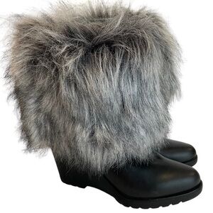 Sorel Park City Lux Leather Boot Women’s 8 Black Grey Faux Fur Waterproof Wedge
